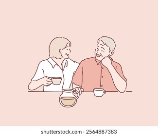 Adorable senior couple drinking from mugs. Hand drawn style vector design illustrations.