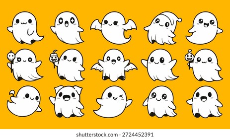 Bezauberndes Set von 15 Comic-Geisterfiguren, illustriert in einem niedlichen Kawaii-Stil, perfekt für Halloween-Designs, Aufkleber und Trick-oder-Behandlung-Themen. Diese Vektorsammlung zeigt verschiedene Ausdrücke (lächelnd, zwinkernd, überrascht) und posiert vor einer lebendigen orangefarbenen Kulisse, ideal für kinderfreundliche, gruselige Inhalte.