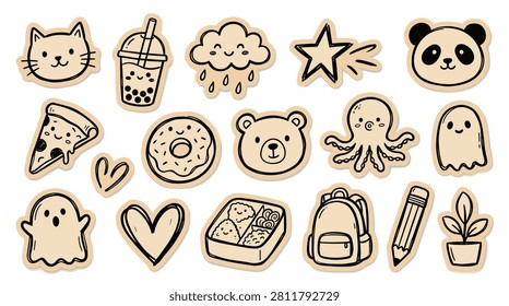 Adorable set of black and white doodle stickers featuring a cat, boba tea, rainy cloud, star, panda, pizza slice, donut, bear, octopus, ghost, hearts, bento box, backpack, pencil, and plant pot, perfect for digital art.