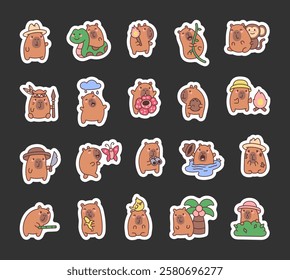 Adorable set of capybara characters exploring jungle life with charming expressions, engaging adventures, funny poses, and creative elements in a delightful kawaii cartoon illustration style