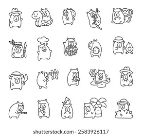 Adorable set of capybara characters exploring jungle life with charming expressions, engaging adventures, funny poses, and creative elements in a delightful kawaii cartoon illustration style