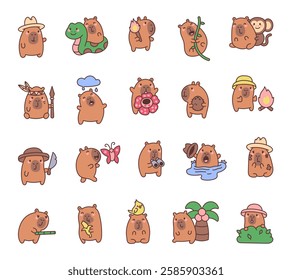 Adorable set of capybara characters exploring jungle life with charming expressions, engaging adventures, funny poses, and creative elements in a delightful kawaii cartoon illustration style