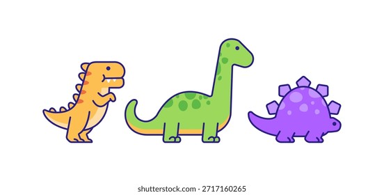 Adorable conjunto de dinosaurios de dibujos animados en diferentes Formas y colores con expresiones amigables. Ilustración vectorial plana con contornos audaces, perfecto para diseños de niños, educación, pegatinas
