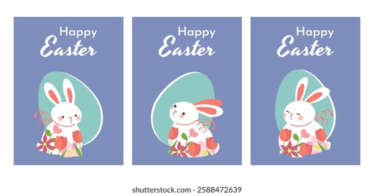 Adorable set of cute Easter bunnies with decorated eggs and spring flowers. Perfect for holiday greeting cards, invitations, and festive designs. Illustration with a cheerful style