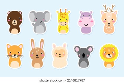 Adorable set of cute full editable portraits of animals. 