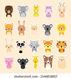 Adorable set of cute full editable portraits of animals. 