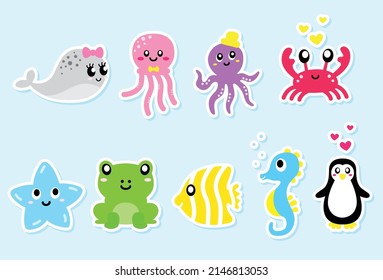 Adorable set of cute fully editable animals living in water. 
