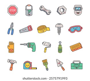 Adorable set of cute kawaii cartoon character, construction tools for building, repairing, and industrial tasks featuring creative equipment and essential work items for stock illustrations