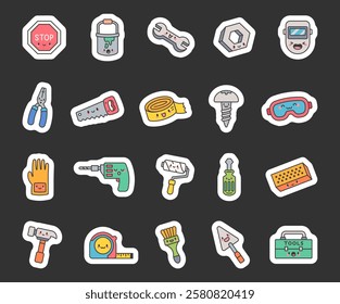 Adorable set of cute kawaii cartoon character, construction tools for building, repairing, and industrial tasks featuring creative equipment and essential work items for stock illustrations