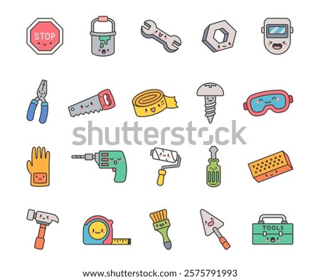 Adorable set of cute kawaii cartoon character, construction tools for building, repairing, and industrial tasks featuring creative equipment and essential work items for stock illustrations