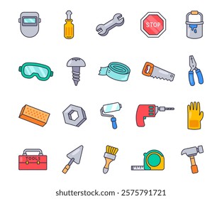 Adorable set of cute outline object clipart, construction tools for building, repairing, and industrial tasks featuring creative equipment and essential work items for stock illustrations