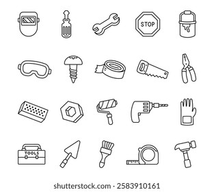 Adorable set of cute outline object clipart, construction tools for building, repairing, and industrial tasks featuring creative equipment and essential work items for stock illustrations