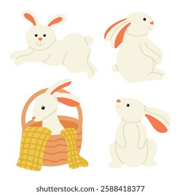 Adorable set of cute rabbits for kids vector illustrations, cute animals, easter bunny in basket, easter holiday celebration, egg hunt