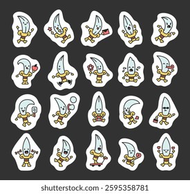 Adorable set of dagger knife characters showing different emotions, holding various objects, and performing multiple activities in a cute kawaii cartoon style for creative projects