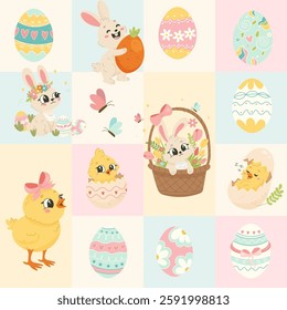 Adorable set of Easter bunnies, chickens, colorful eggs and spring flowers. Seamless pattern