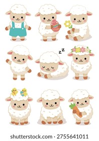 Adorable set of Easter sheep with festive attributes such as decorated Easter eggs, flowers, baskets, and other spring elements. Cute hand drawn illustration with a soft and cheerful holiday mood. Perfect for Easter greeting cards, stickers, posters, nursery prints, packaging design, and seasonal decorations.