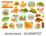 Adorable set of exotic cold-blooded pets including reptiles, amphibians, fish, and snails, colorful flat cartoon vector illustration.