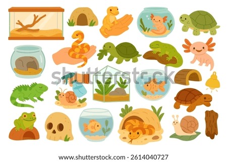 Adorable set of exotic cold-blooded pets including reptiles, amphibians, fish, and snails, colorful flat cartoon vector illustration.