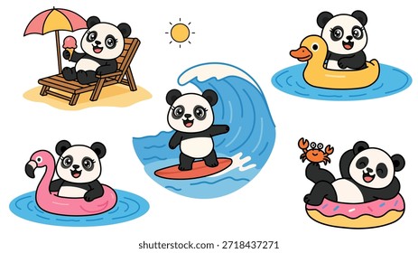 Adorable conjunto de cinco personajes de panda disfrutando de actividades de vacaciones de verano, incluido el surf en las olas del mar, comer helado en la cama solar y flotar en los anillos inflables de flamenco de pato y donas