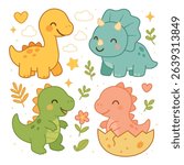 Adorable set of four happy baby dinosaurs, perfect for kids' prints, t-shirts, nursery decor, party supplies, educational materials, designs. Cute dinosaurs collection, flat vector on white background