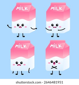 Adorable set of four pink and white milk cartons with various cute facial expressions and poses. Ideal for food-related themes, children's designs, or healthy eating concepts.
