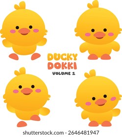 An adorable set of four round, yellow cartoon ducks, each with a sweet expression. Perfect for children's designs, spring themes, and cute animal illustrations.