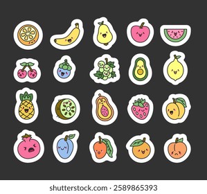 Adorable set of fresh and juicy fruits with charming cartoon characters expressing various emotions in a fun and friendly way for a delightful