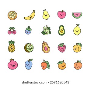 Adorable set of fresh and juicy fruits with charming cartoon characters expressing various emotions in a fun and friendly way for a delightful