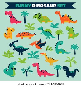 Adorable set with funny dinosaurs in cartoon.