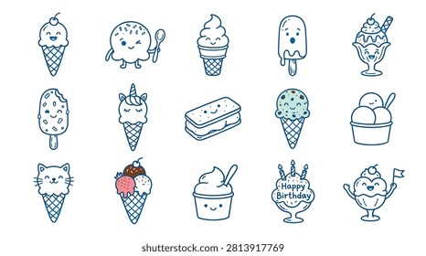 Adorable set of hand drawn ice cream vector illustrations featuring diverse frozen snacks. Set includes cones popsicles sundaes sandwich bars and bowls with cheerful facial expressions. Perfect for summer menus posters greeting cards and digital design projects for sweet shops.