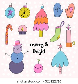 Adorable set of hand drawn seasonal elements in cartoon style. Cute Christmas illustrations for your holiday design. Fir tree, snowman, candle, mittens, toys and snowflakes in cartoon style.