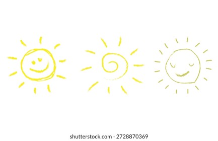 Adorable conjunto de soles y corazones dibujados a mano en estilo crayón, perfecto para la decoración de la habitación de los niños, obras de arte alegres, impresiones de guardería, diseños de verano e ilustraciones creativas.