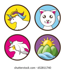 adorable set icon of unicorns cat and landscape