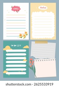 Adorable set of journaling elements including pastel stickers notes and labels in soft colorful tones perfect for scrapbooking planner decoration and creative design use