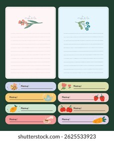 Adorable set of journaling elements including pastel stickers notes and labels in soft colorful tones perfect for scrapbooking planner decoration and creative design use
