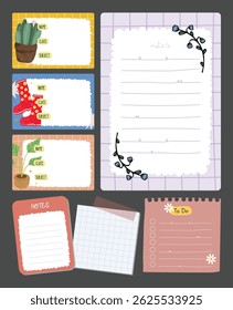 Adorable set of journaling elements including pastel stickers notes and labels in soft colorful tones perfect for scrapbooking planner decoration and creative design use