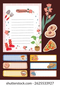 Adorable set of journaling elements including pastel stickers notes and labels in soft colorful tones perfect for scrapbooking planner decoration and creative design use