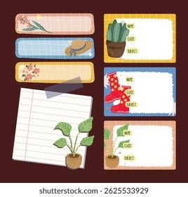 Adorable set of journaling elements including pastel stickers notes and labels in soft colorful tones perfect for scrapbooking planner decoration and creative design use