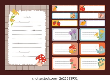 Adorable set of journaling elements including pastel stickers notes and labels in soft colorful tones perfect for scrapbooking planner decoration and creative design use