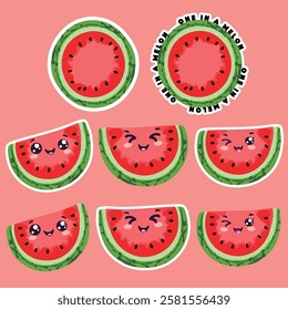 Adorable set of kawaii watermelon stickers featuring cute and happy expressions. Perfect for digital scrapbooking, planners, greeting cards, printable stickers, and fun summer designs