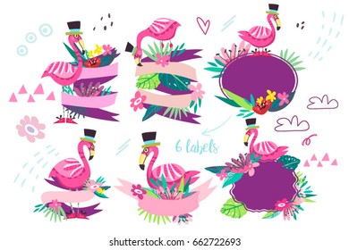 Adorable set of labels with cute flamingos.