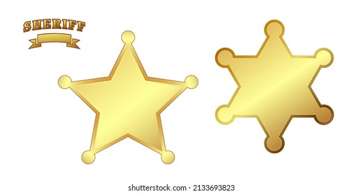 An adorable set of sheriff's stars, consisting of an inscription, five-pointed and six-pointed gold stars. 3 D. Vector illustration.