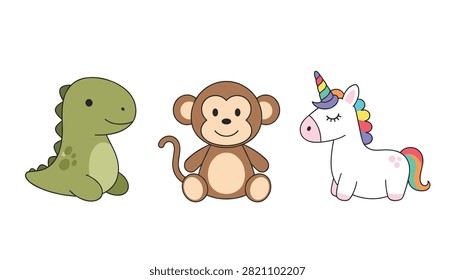 Adorable set of three plush toys including a green dinosaur a brown monkey and a white unicorn.