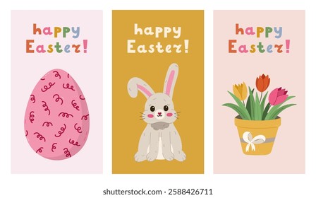 Adorable set of vertical Happy Easter posters with bunny with bent down ear, Easter egg with swirl ornate, tulip. Simple collection of banner, cover, background with colorful clipart and lettering.