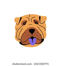 Adorable Shar Pei avatar. Funny muzzle of large breed pup. Cute wrinkled guard dog shows blue tongue. Puppy face, purebred canine pet portrait. Flat isolated vector illustration on white background
