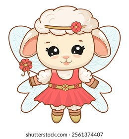 Adorable sheep in fairy costume standing with magic wand. Sheep in dress with headband on head. Vector illustration for poster, greeting card and design for kids.