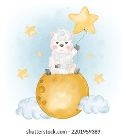 Adorable Sheep Holding Star on the Moon Watercolor
