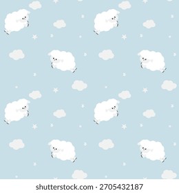 Ovejas adorables saltando entre nubes y estrellas. Diseño de repetición perfecto para pijamas de bebé, tela, Fondo de pantalla, tarjetas de felicitación o ropa de dormir.