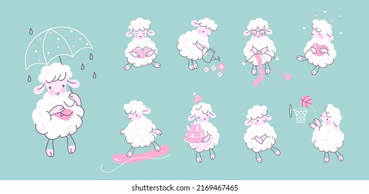 Adorable sheep set. Comic lambs, sheeps white wool characters. Cute animal read, relax, hold birthday cake. Funny nowaday nursery vector farm characters