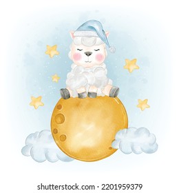 Adorable Sheep Sit on the Moon Watercolor
